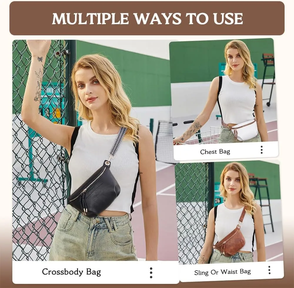 Fanny Pack Crossbody Bags for Women Vegan Leather Belt Bag Waist Pack Causal Chest Bum Bag With 2 Straps Black