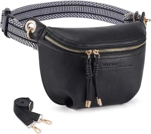 Fanny Pack Crossbody Bags for Women Vegan Leather Belt Bag Waist Pack Causal Chest Bum Bag With 2 Straps Black