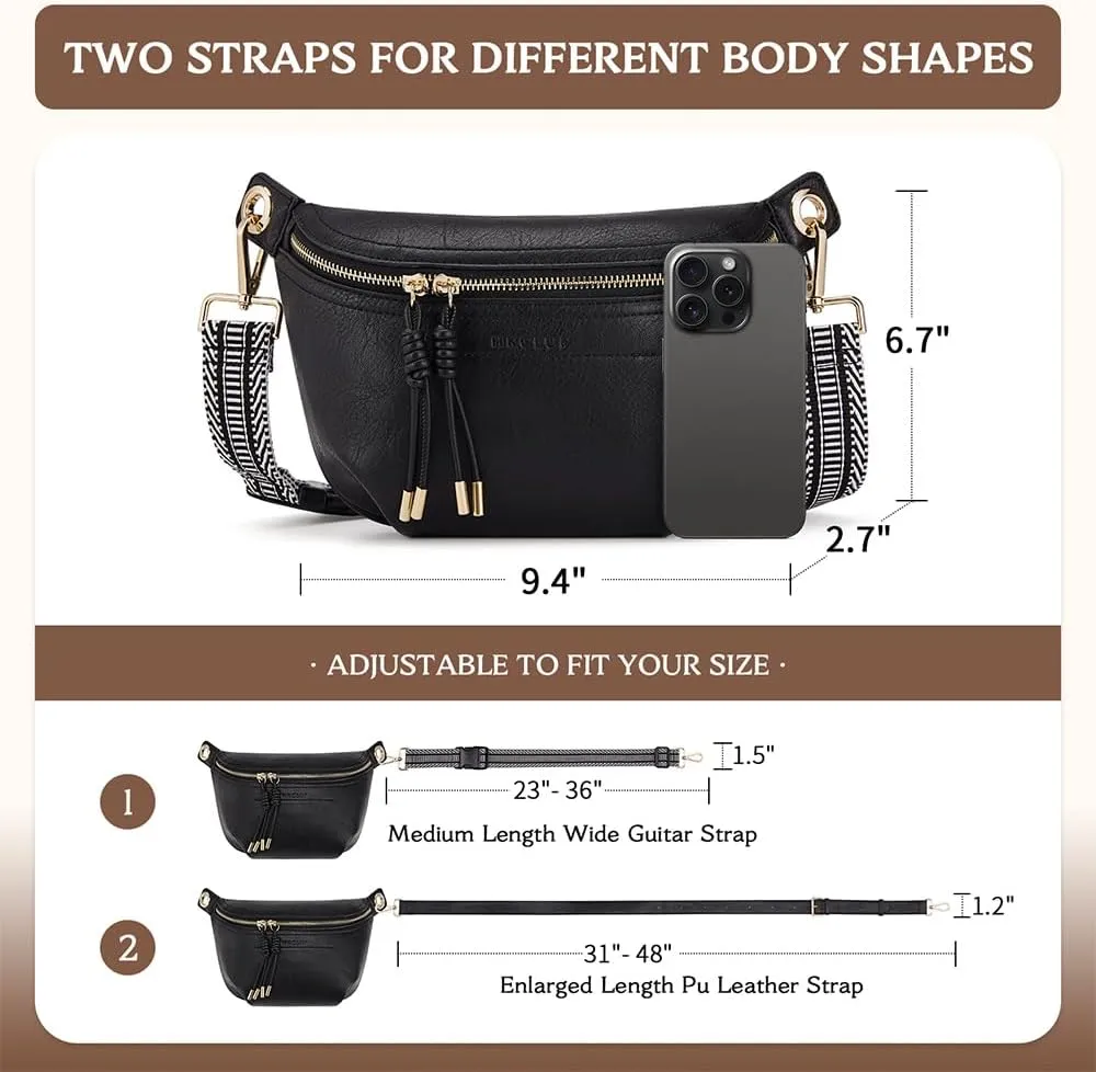 Fanny Pack Crossbody Bags for Women Vegan Leather Belt Bag Waist Pack Causal Chest Bum Bag With 2 Straps Black