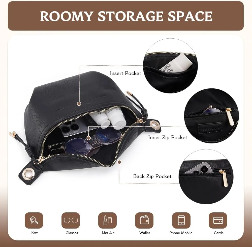 Fanny Pack Crossbody Bags for Women Vegan Leather Belt Bag Waist Pack Causal Chest Bum Bag With 2 Straps Black