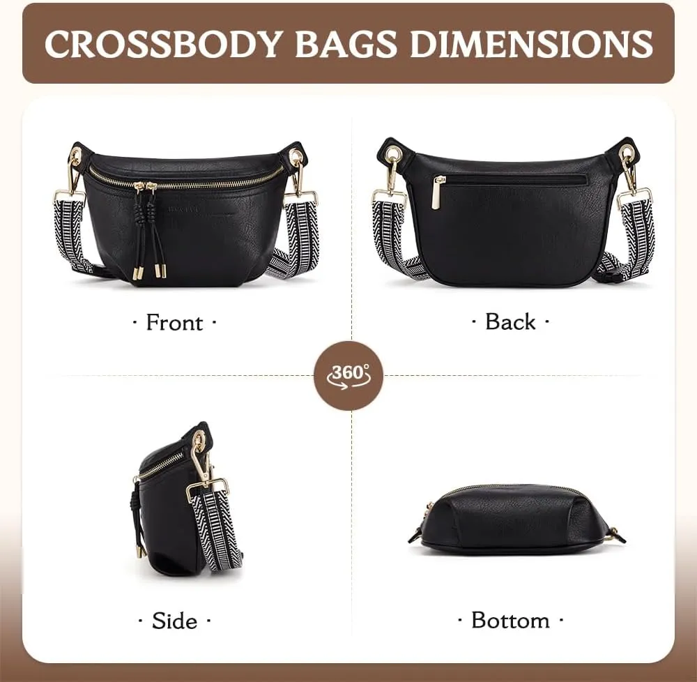 Fanny Pack Crossbody Bags for Women Vegan Leather Belt Bag Waist Pack Causal Chest Bum Bag With 2 Straps Black