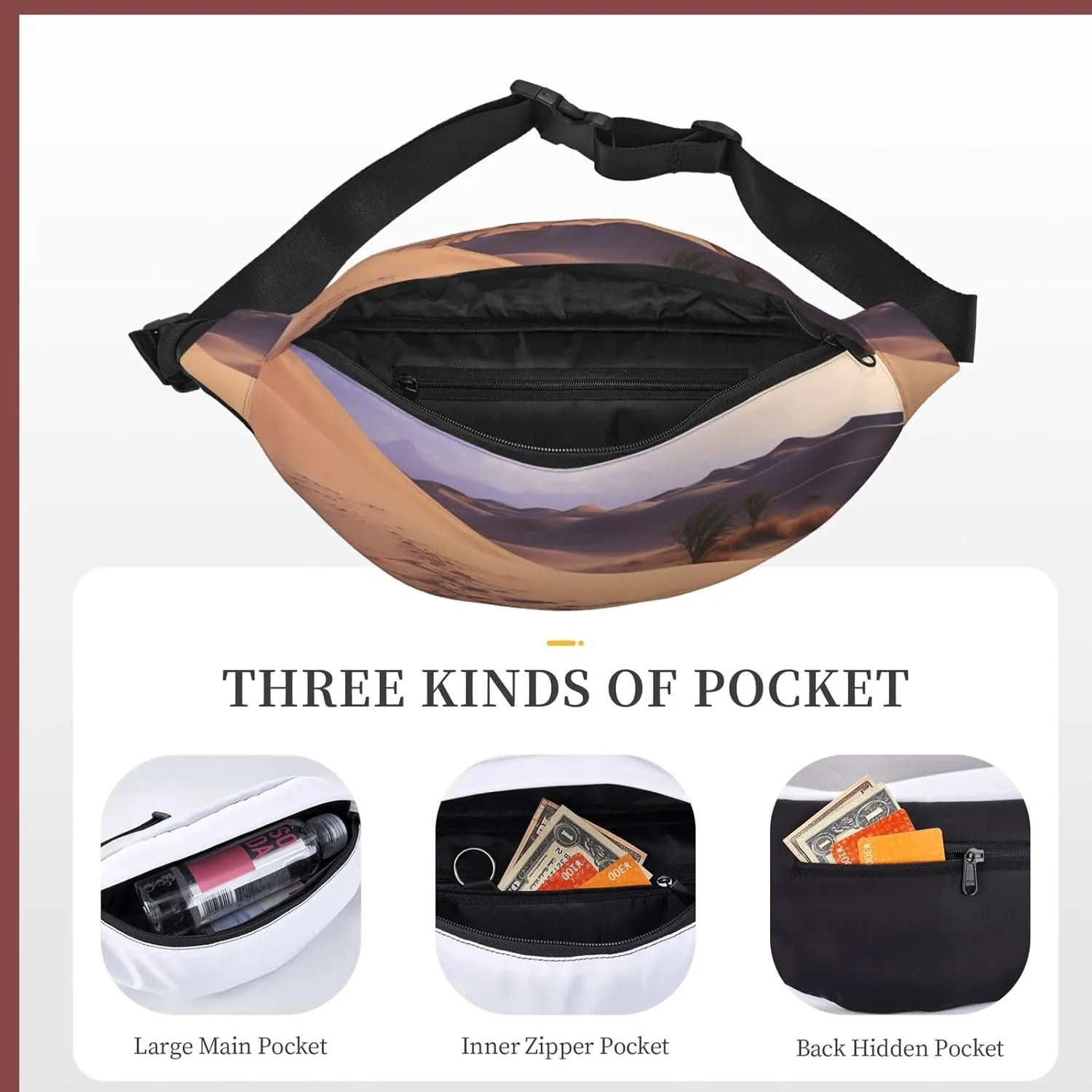 Fanny Pack Desert Waist Pack For Women Men Waterproof Belt Bag With Adjustable Belt Casual Crossbody Bag Travel Waist Bag For Sports Running Cycling