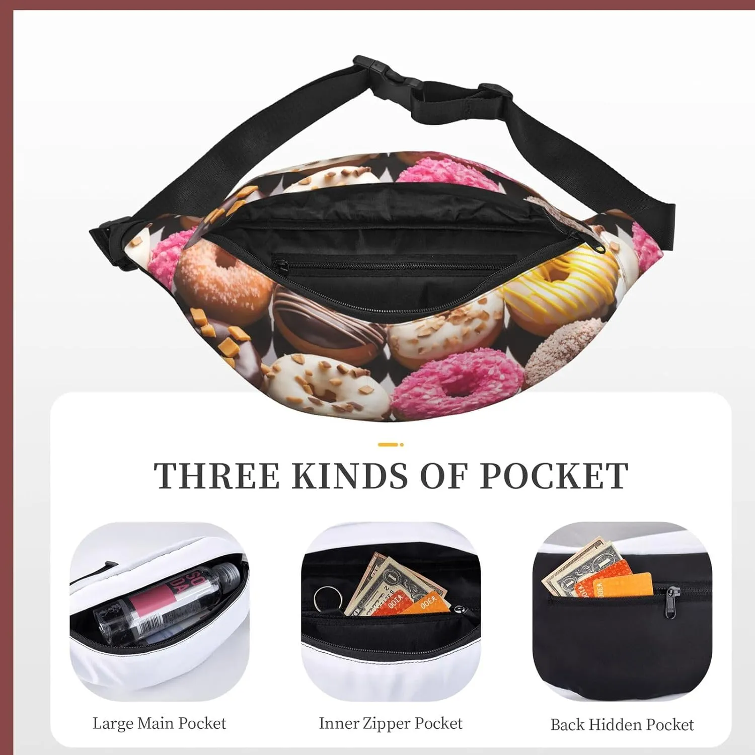 Fanny Pack Different Flavors Of Doughnuts Waist Pack For Women Men Waterproof Belt Bag With Adjustable Belt Casual Crossbody Bag Travel Waist Bag For Sports Running Cycling