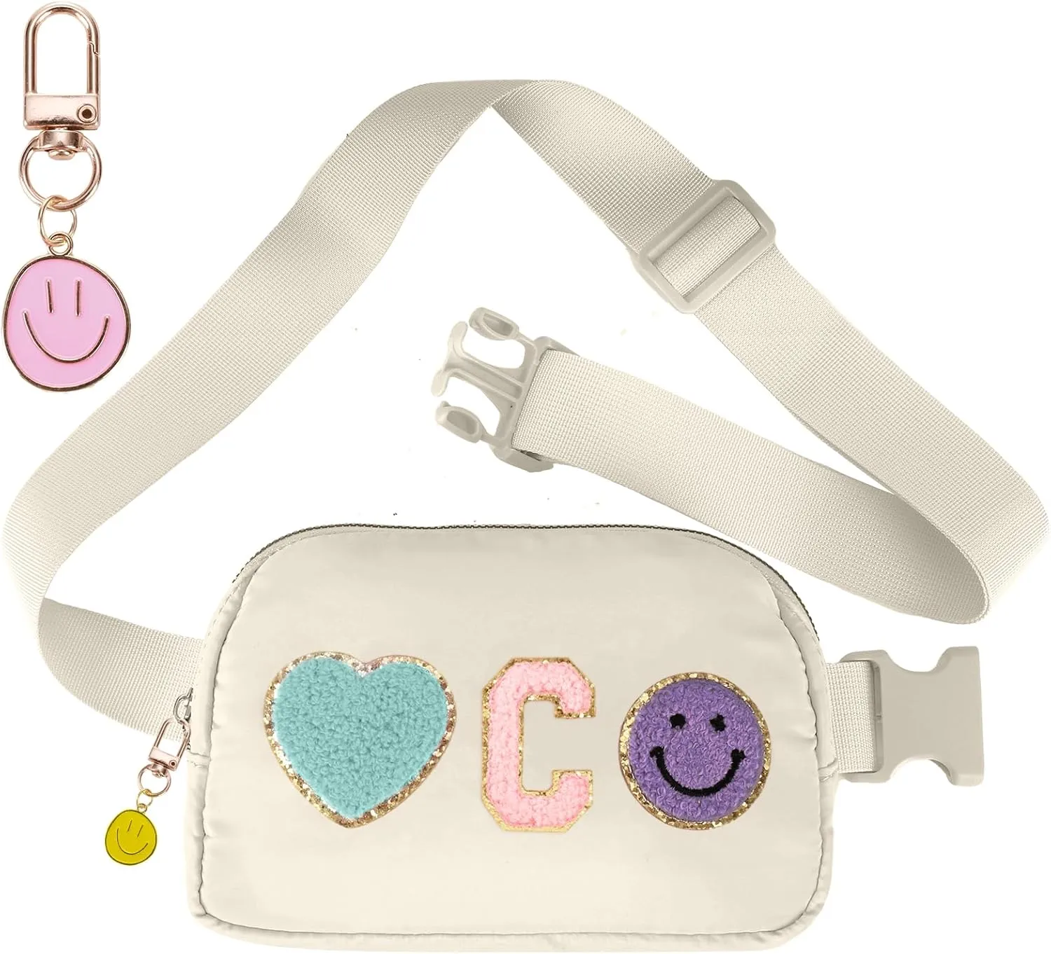 Fanny Pack for Girls 4-14, Nylon Kids Crossbody Bag Belt Bag with Keychain, Cream (Cream C)