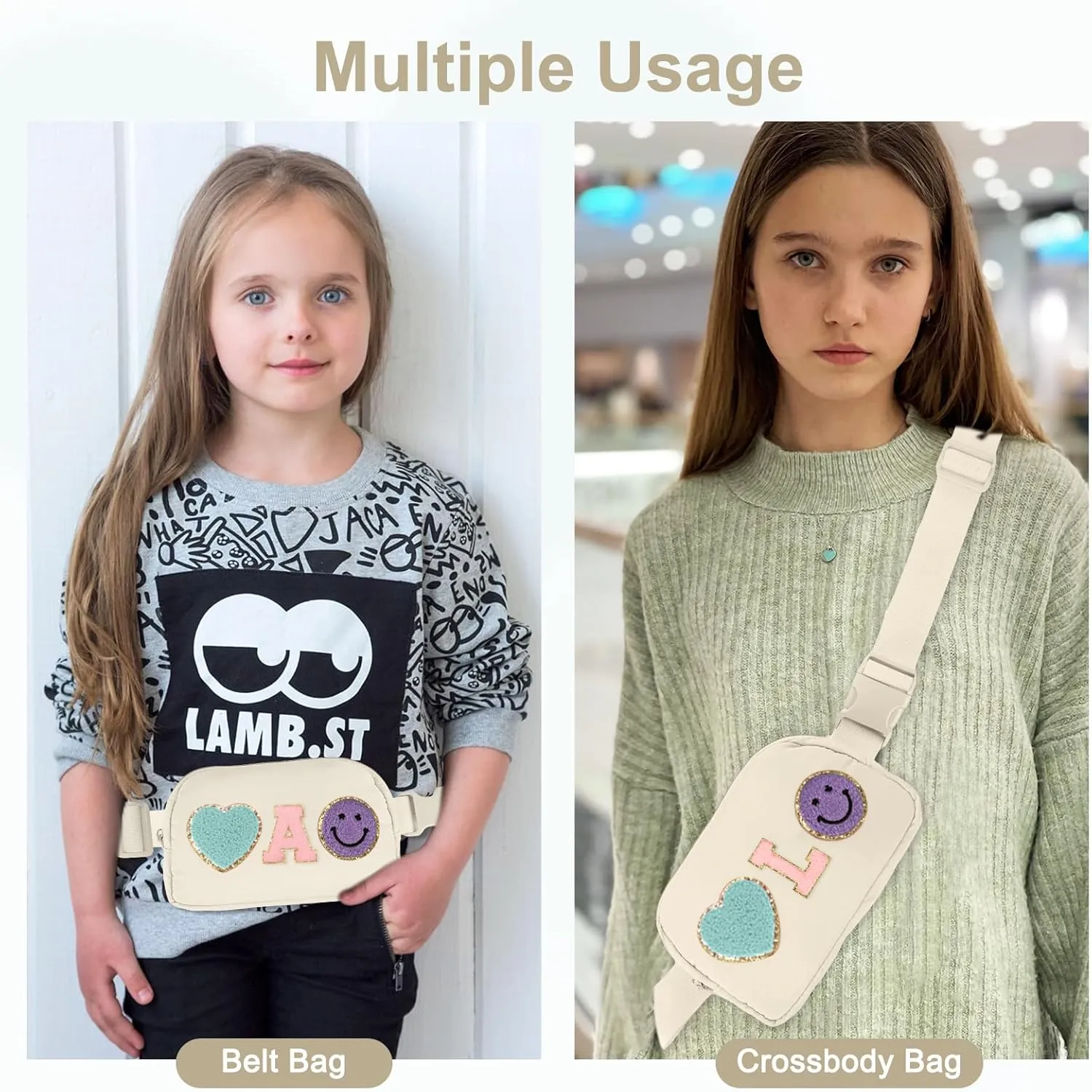 Fanny Pack for Girls 4-14, Nylon Kids Crossbody Bag Belt Bag with Keychain, Cream (Cream C)