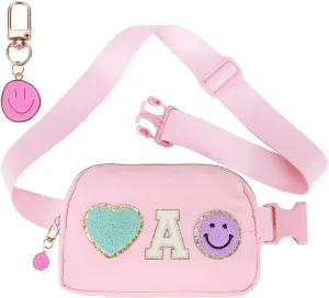 Fanny Pack for Girls 4-14, Nylon Kids Crossbody Bag Belt Bag with Keychain, Party Waist Bags for Kids Teens Girls, Personalized Gifts for Birthday Party Christmas, Pink A