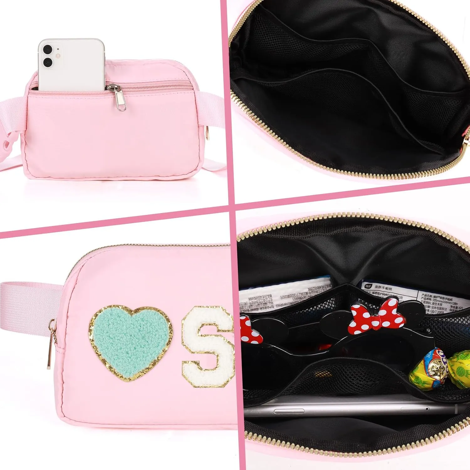 Fanny Pack for Girls 4-14, Nylon Kids Crossbody Bag Belt Bag with Keychain, Party Waist Bags for Kids Teens Girls, Personalized Gifts for Birthday Party Christmas, Pink A