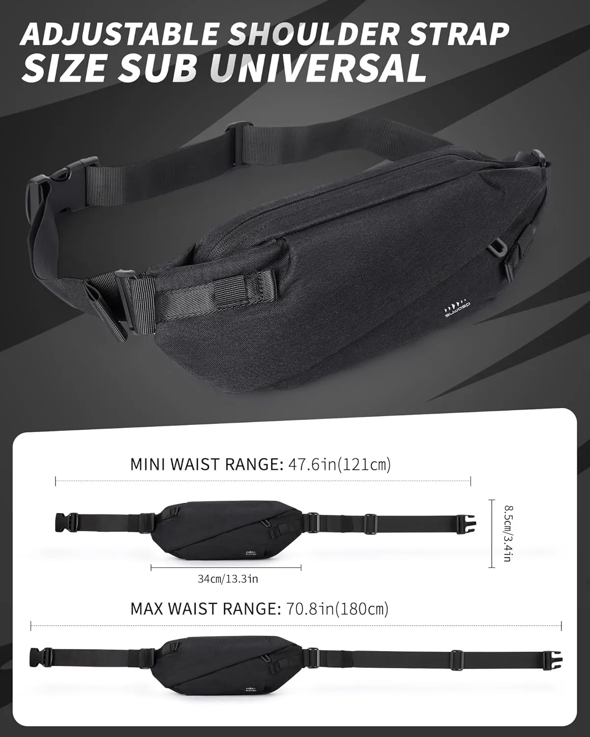 Fanny Pack for Mens Crossbody Bag, Sling Bag for Women Anti Theft Waist Packs with Adjustable Strap Casual Daypack for Running Sports Hiking Cycling Travel Walking - Black