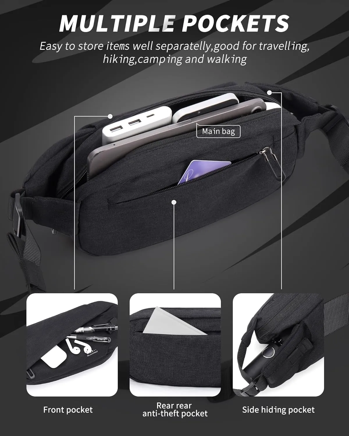 Fanny Pack for Mens Crossbody Bag, Sling Bag for Women Anti Theft Waist Packs with Adjustable Strap Casual Daypack for Running Sports Hiking Cycling Travel Walking - Black