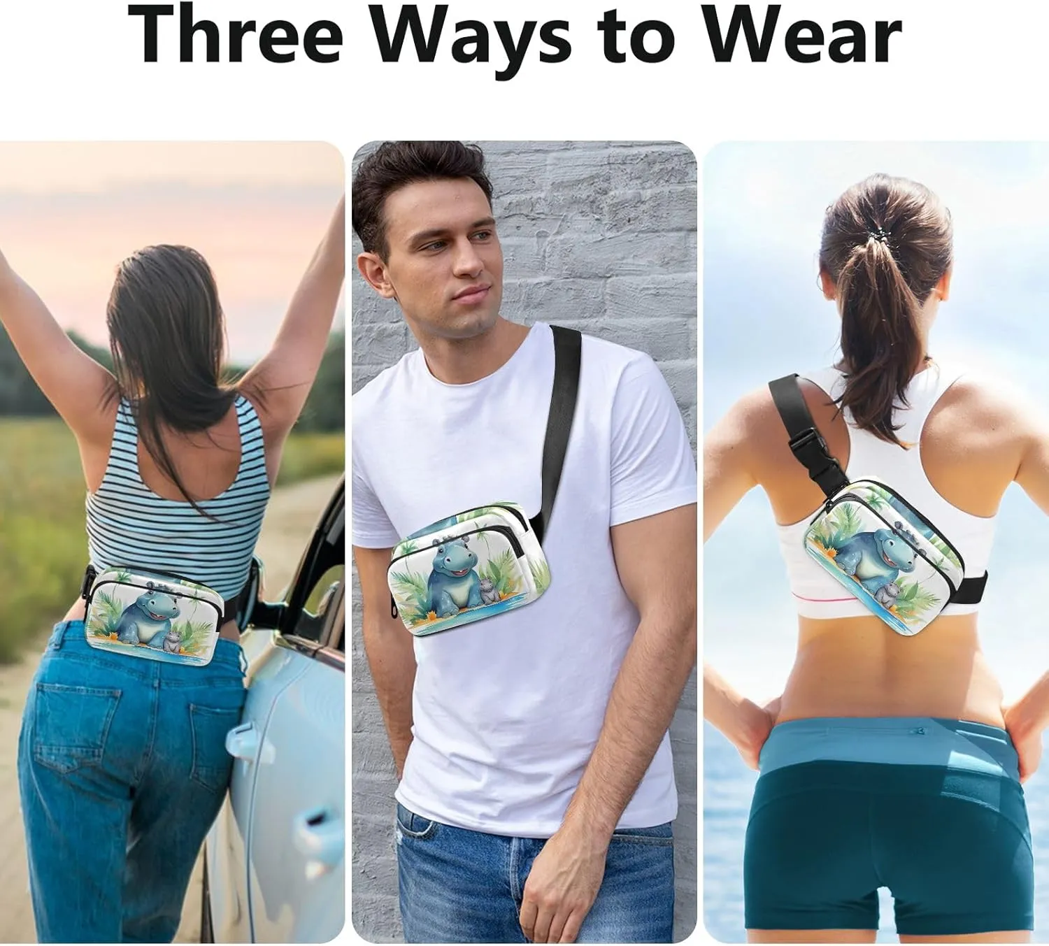 Fanny Pack for Women Men, Hippo Family Belt Bag Waist Pack Crossbody Bag Bum Bag with Adjustable Strap