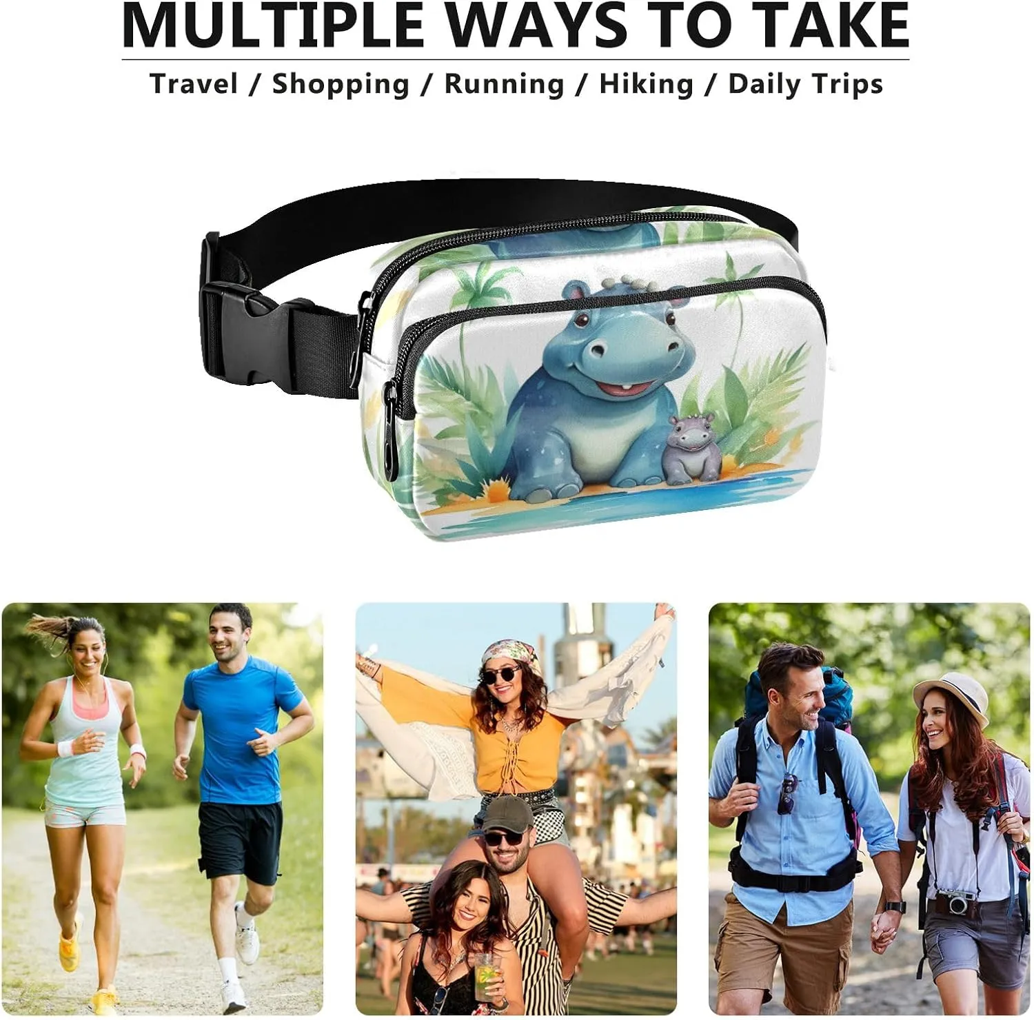 Fanny Pack for Women Men, Hippo Family Belt Bag Waist Pack Crossbody Bag Bum Bag with Adjustable Strap