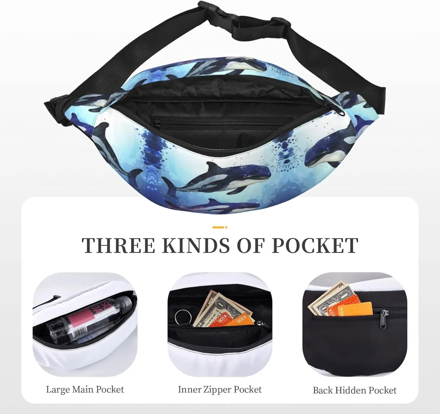 Fanny Pack for Women Men Orca Killer Whale Waist Bag Waterproof Belt Bag with Adjustable Strap