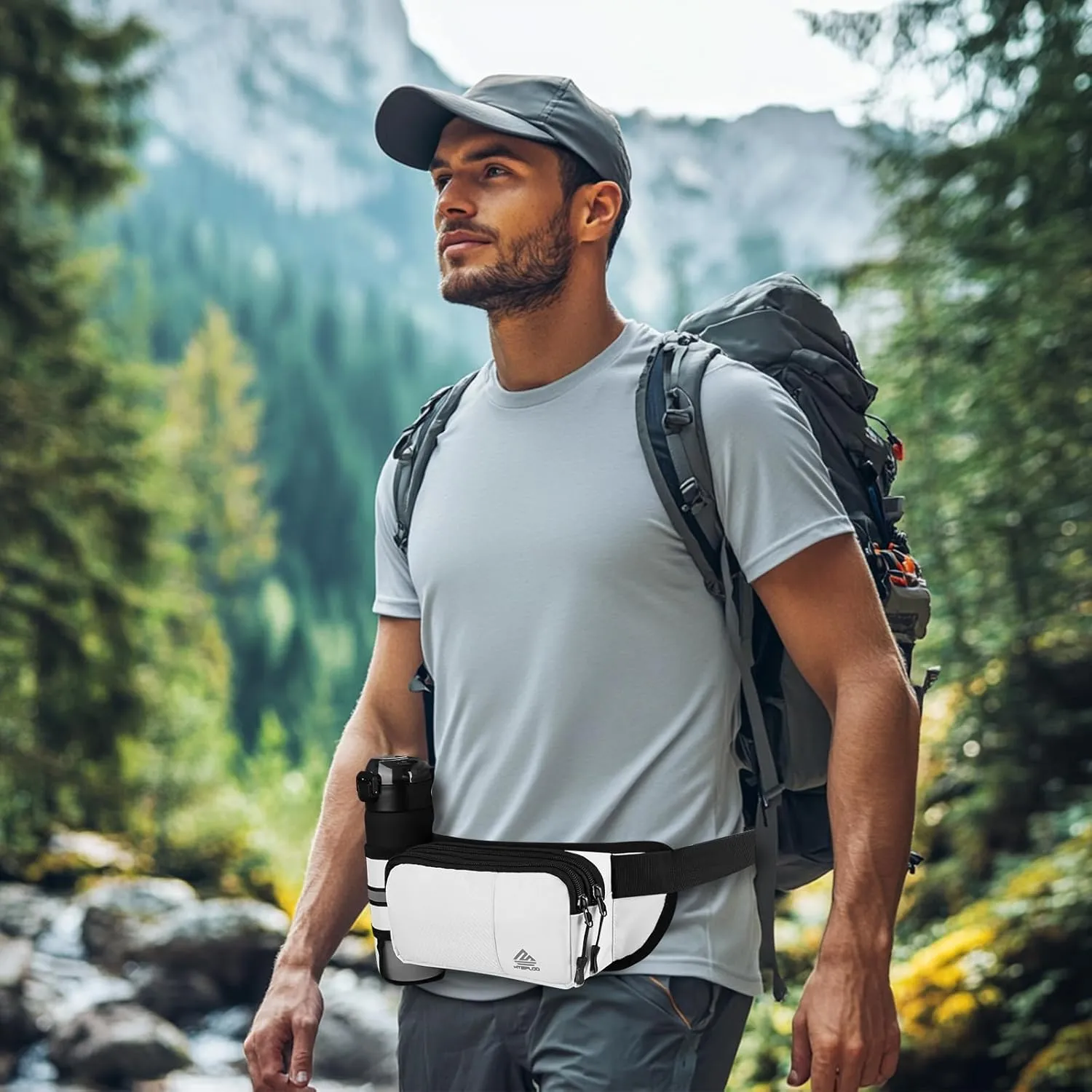 Fanny Pack for Women Men with Water Bottle Holder,Waist Bag for Hiking,Travel,Running,Dog Walking,Workout,Cycling (White)