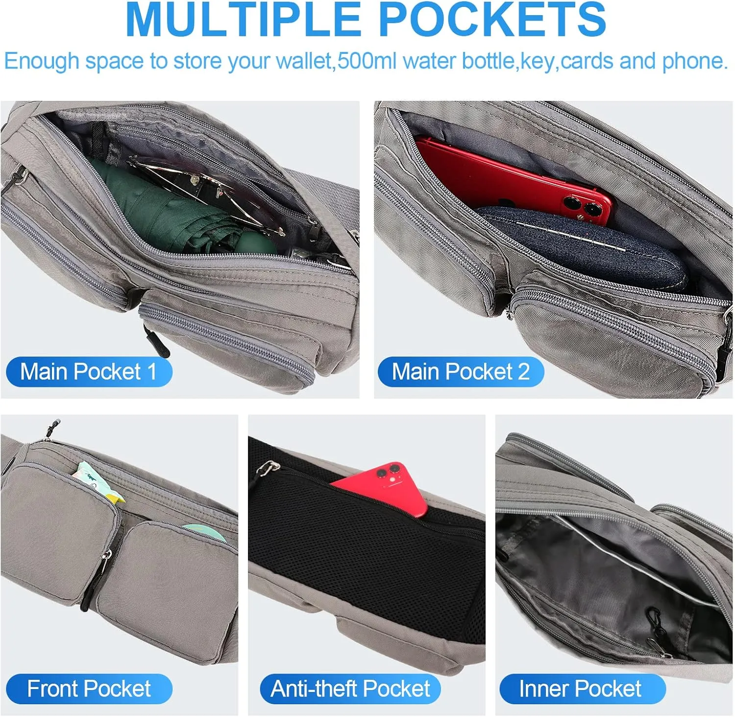 Fanny Packs For Women & Men, Large Waist Bag Hip Bum Crossbody Bag with 5-Zipper Pockets for Outdoors Workout Traveling Casual Running Hiking Cycling Dog Walking (Gray)