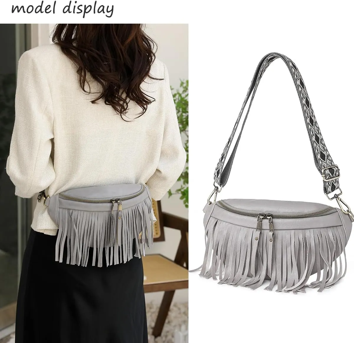 Fanny Packs for Women Fringe Purse Leather Chest Bag Waist Bag Casual Crossbody Bag with Zipper Pockets Travel Festival Sports Hiking Running (Grey)