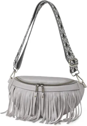 Fanny Packs for Women Fringe Purse Leather Chest Bag Waist Bag Casual Crossbody Bag with Zipper Pockets Travel Festival Sports Hiking Running (Grey)