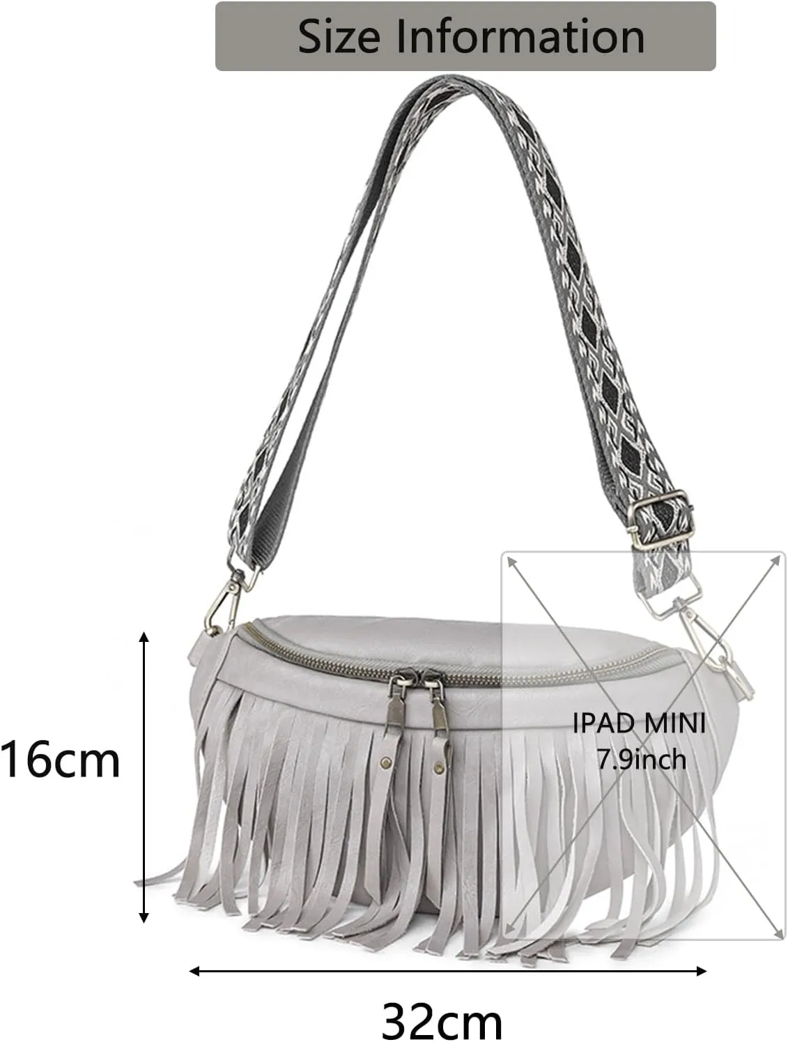 Fanny Packs for Women Fringe Purse Leather Chest Bag Waist Bag Casual Crossbody Bag with Zipper Pockets Travel Festival Sports Hiking Running (Grey)