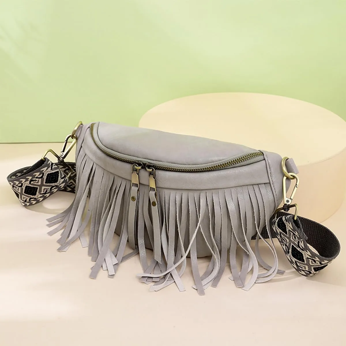 Fanny Packs for Women Fringe Purse Leather Chest Bag Waist Bag Casual Crossbody Bag with Zipper Pockets Travel Festival Sports Hiking Running (Grey)