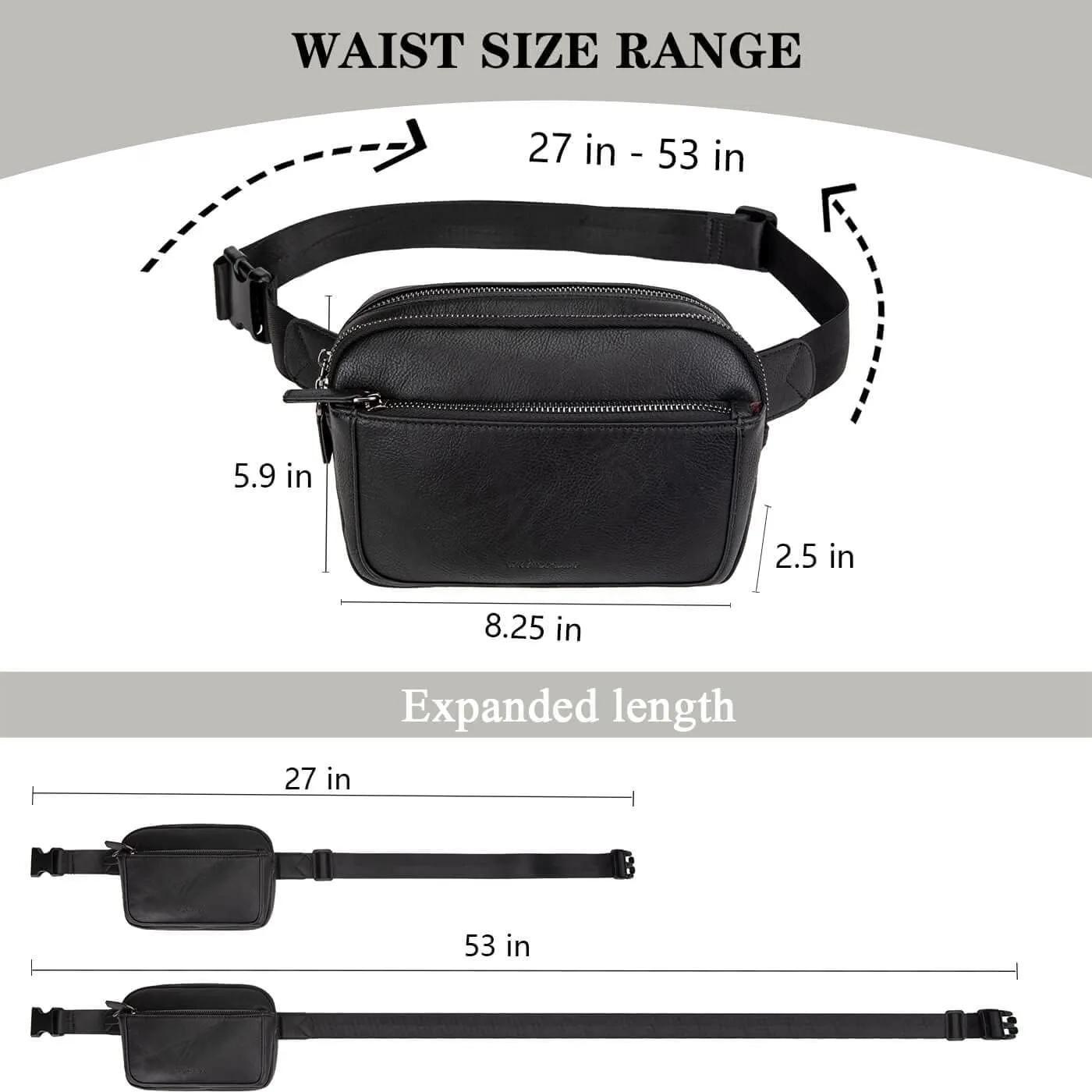 Fanny Packs for Women, Leather Vegan Belt Bag Crossbody Waist Bag Adjustable Strap, Large Fashion Everywhere Belt Bag, Black
