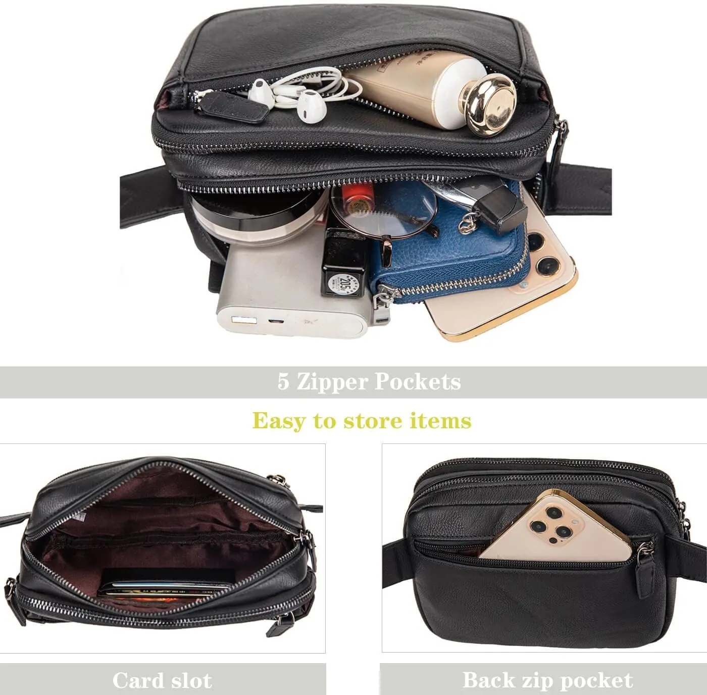 Fanny Packs for Women, Leather Vegan Belt Bag Crossbody Waist Bag Adjustable Strap, Large Fashion Everywhere Belt Bag, Black