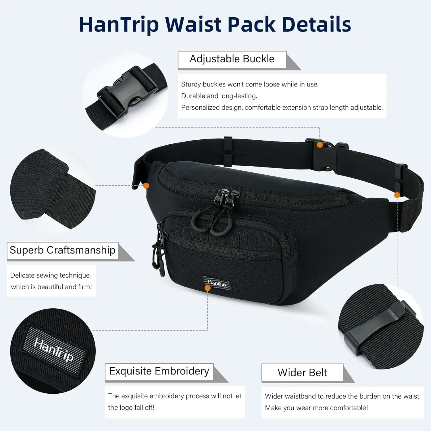 Fanny Packs for Women Men, Small Travel Fanny Pack Lightweight Crossbody Waist Bag Large Capacity, Water Resistant Belt Bags with Adjustable Strap for Hiking, Cycling (Black)