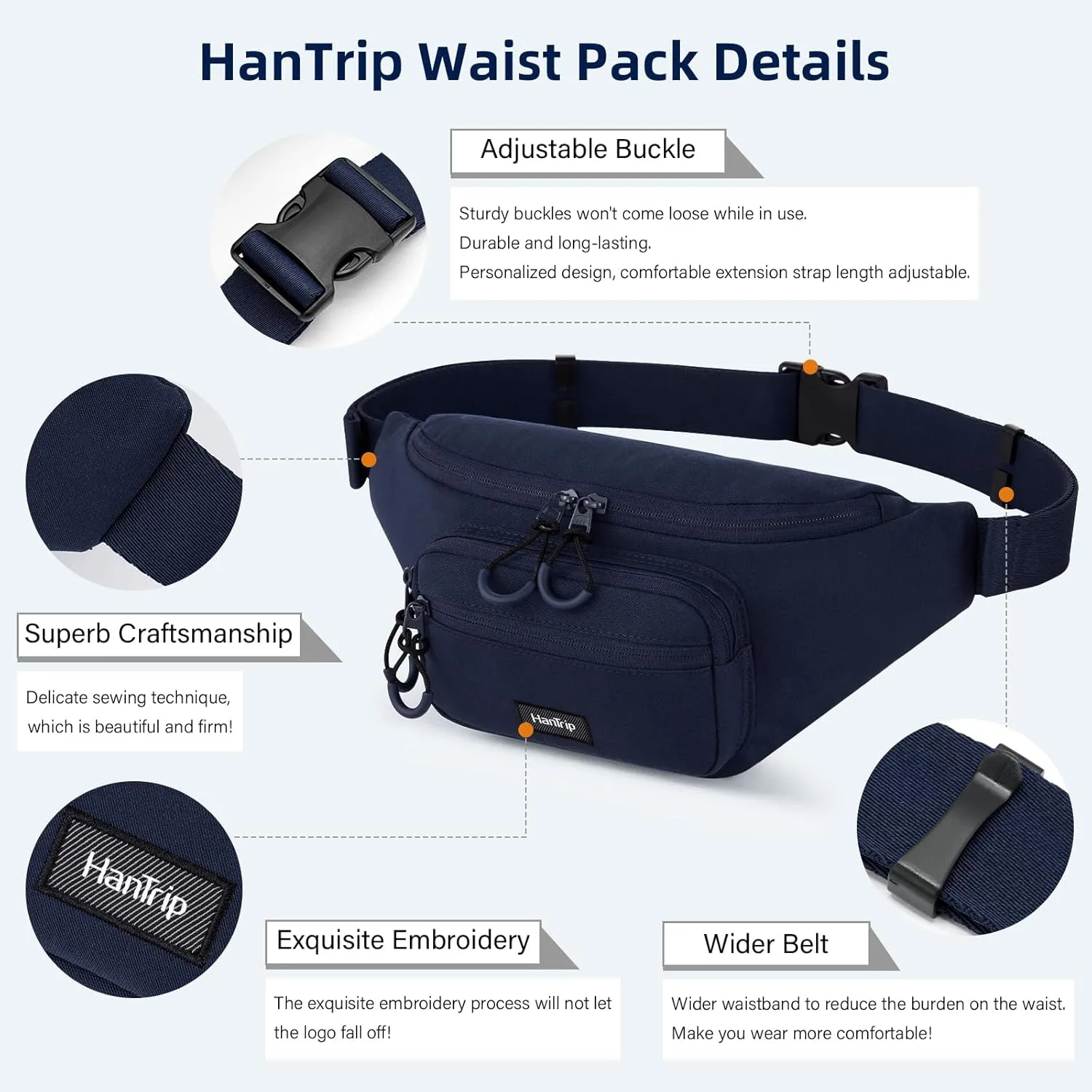 Fanny Packs for Women Men, Small Travel Fanny Pack Lightweight Crossbody Waist Bag Large Capacity, Water Resistant Belt Bags with Adjustable Strap for Hiking, Cycling (Navy Blue)