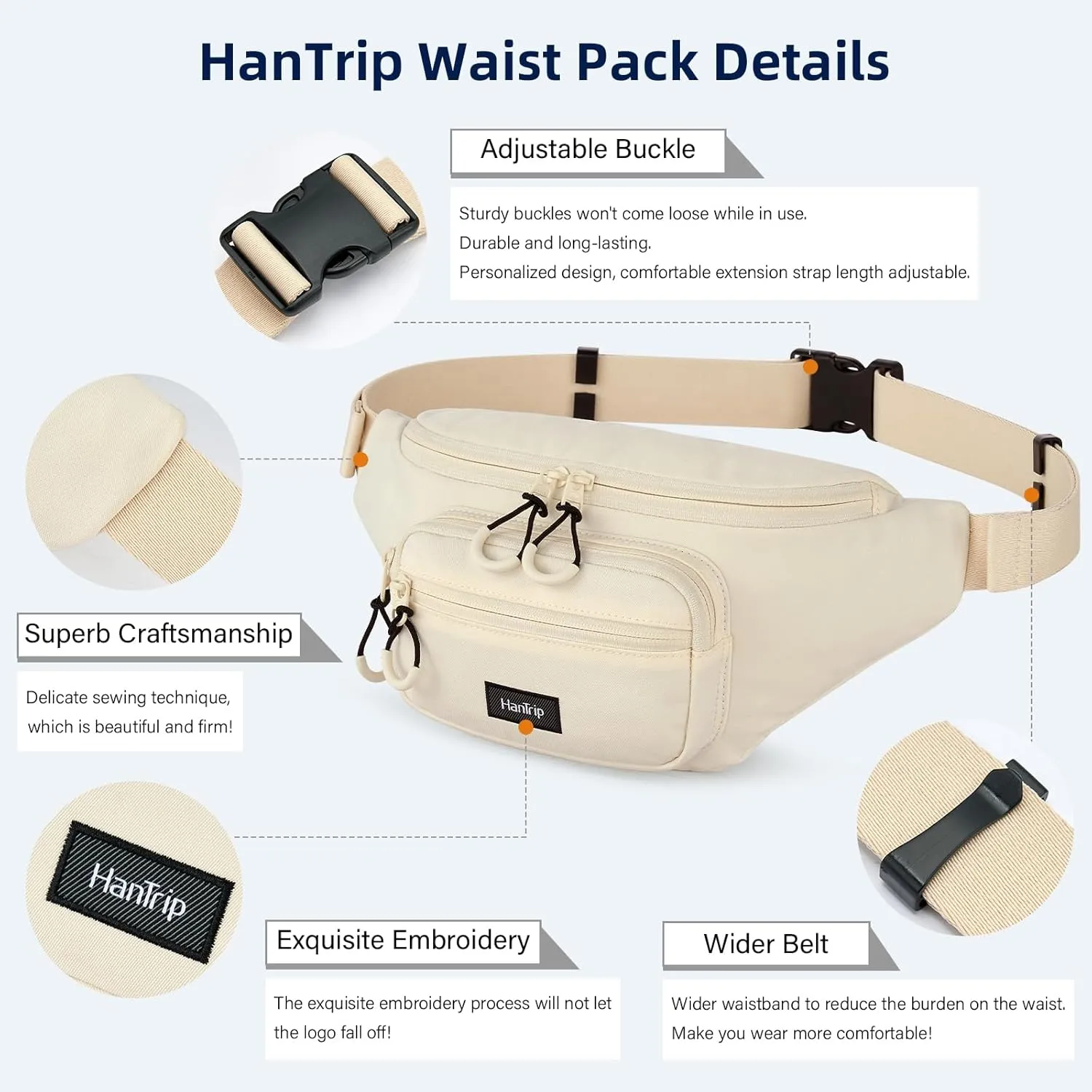 Fanny Packs for Women Men, Small Travel Fanny Pack Lightweight Crossbody Waist Bag Large Capacity, Water Resistant Belt Bags with Adjustable Strap for Hiking, Cycling (Offwhite)