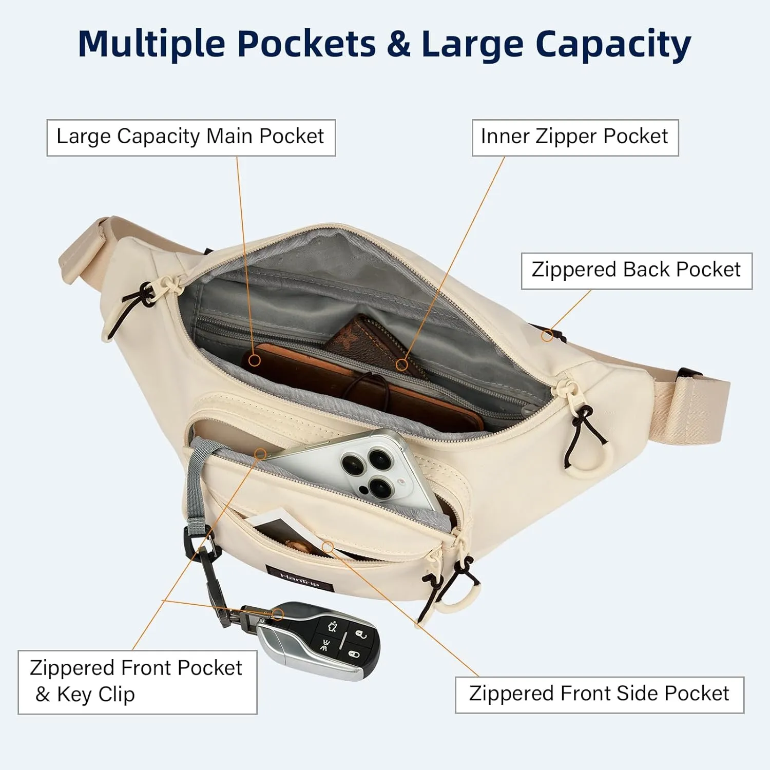 Fanny Packs for Women Men, Small Travel Fanny Pack Lightweight Crossbody Waist Bag Large Capacity, Water Resistant Belt Bags with Adjustable Strap for Hiking, Cycling (Offwhite)