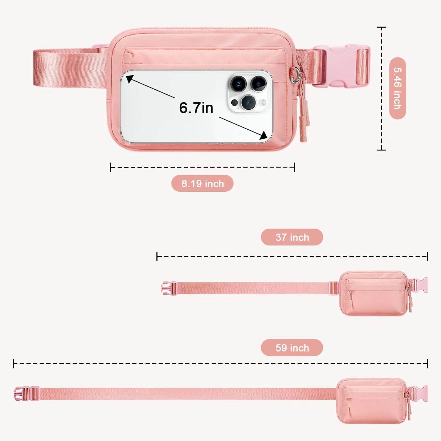 Fanny Packs for Women Men,Belt Bag,Waterproof Crossbody Bag with 4 Zipper Pockets,Fashion Waist Packs with Adjustable Strap for Workout/Running/Yoga/Shopping/Hiking,Pink