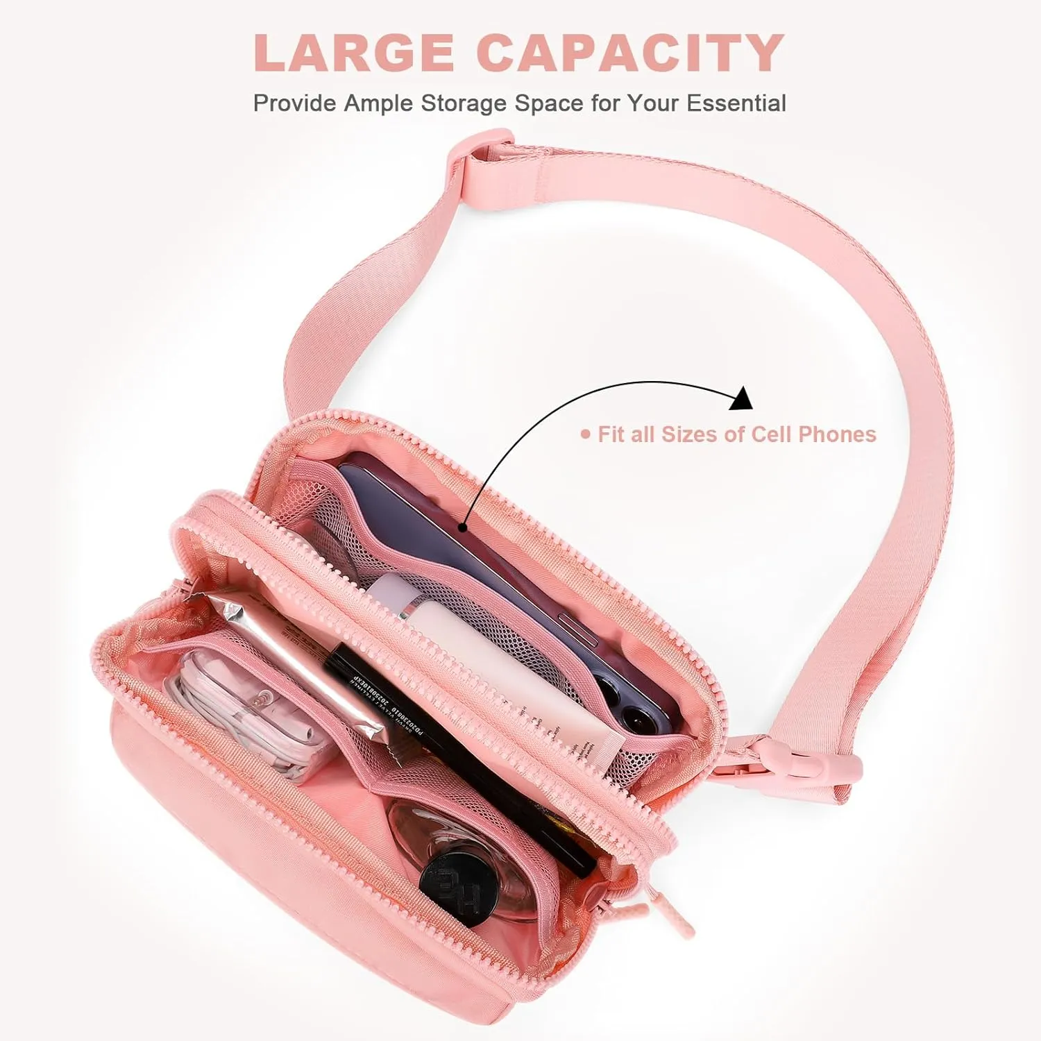 Fanny Packs for Women Men,Belt Bag,Waterproof Crossbody Bag with 4 Zipper Pockets,Fashion Waist Packs with Adjustable Strap for Workout/Running/Yoga/Shopping/Hiking,Pink