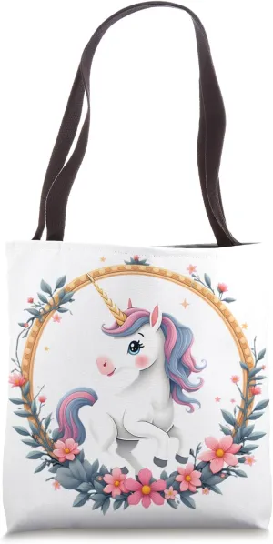 Fantasy Unicorn in Floral Spring Wreath White with Pink Mane Tote Bag