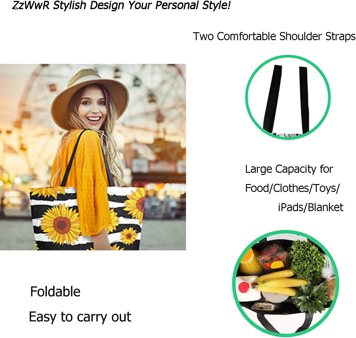 Fashion Beautiful Printed Pattern Extra Large Shoulder Tote Bag for Beach Travel Weekender Gym Grocery Shopping
