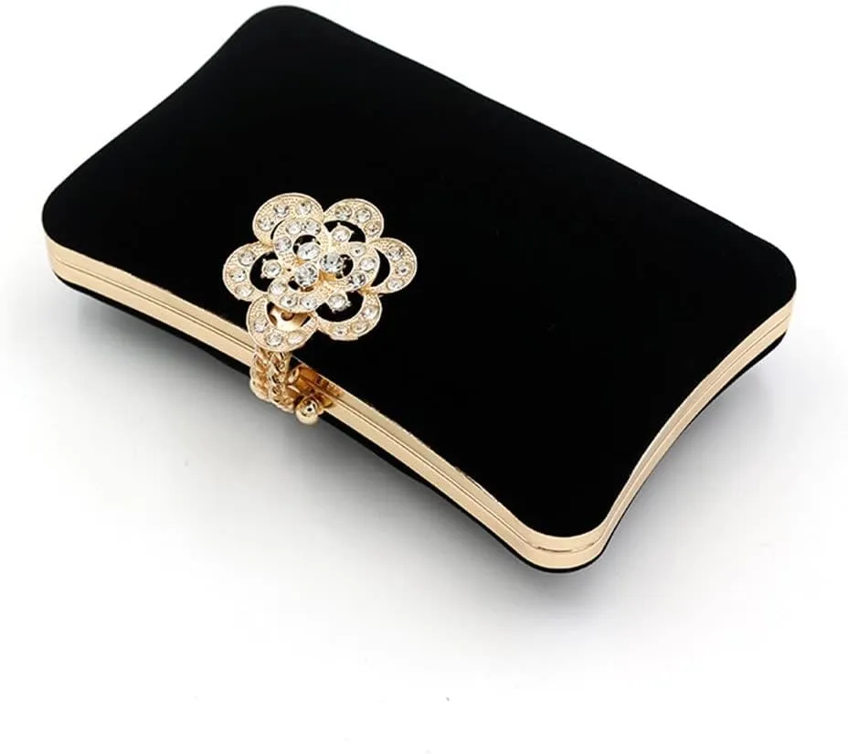 Fashion Diamond-Encrusted Flower Velvet Evening Bag Ladies Simple Clutch Bag Chain Shoulder Bag(E)