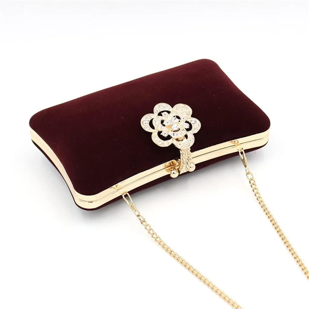 Fashion Diamond-Encrusted Flower Velvet Evening Bag Ladies Simple Clutch Bag Chain Shoulder Bag(E)