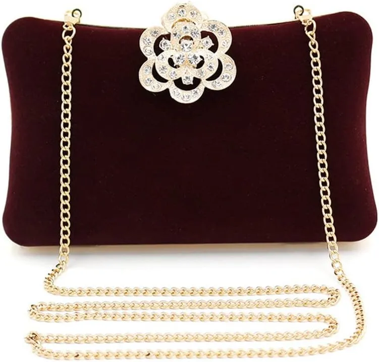 Fashion Diamond-Encrusted Flower Velvet Evening Bag Ladies Simple Clutch Bag Chain Shoulder Bag(E)