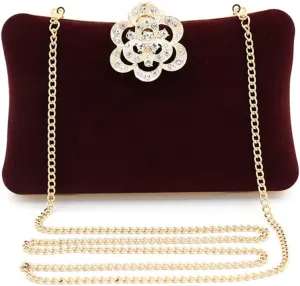 Fashion Diamond-Encrusted Flower Velvet Evening Bag Ladies Simple Clutch Bag Chain Shoulder Bag(E)