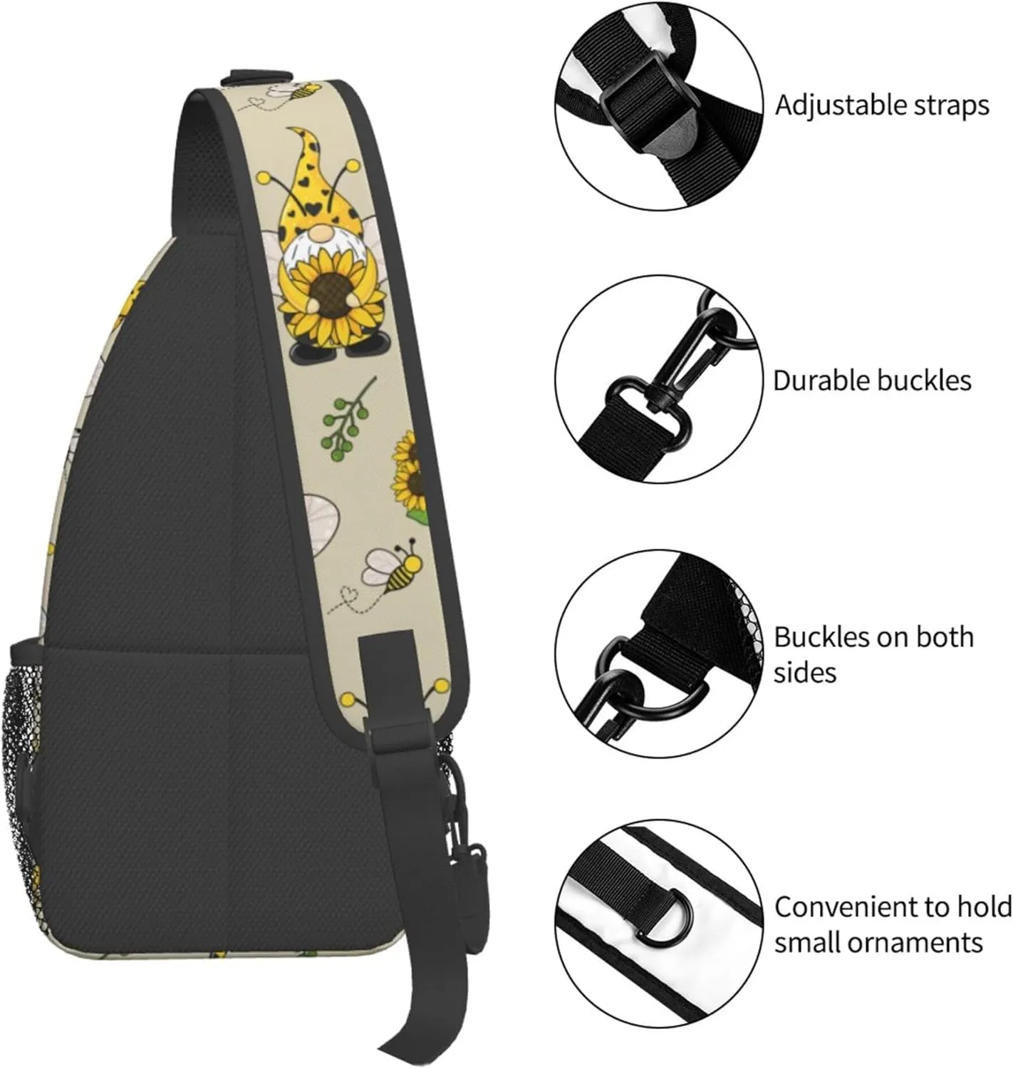 Fashion Gnomes Bees And Sunflowers Chest Crossbody Casual Sling Bags Shoulder Backpack Daypack Gym Bags For Picnics, Hiking, Beach, Gym, Cycling