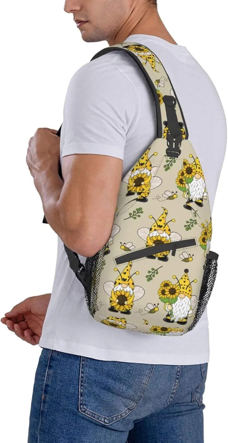 Fashion Gnomes Bees And Sunflowers Chest Crossbody Casual Sling Bags Shoulder Backpack Daypack Gym Bags For Picnics, Hiking, Beach, Gym, Cycling