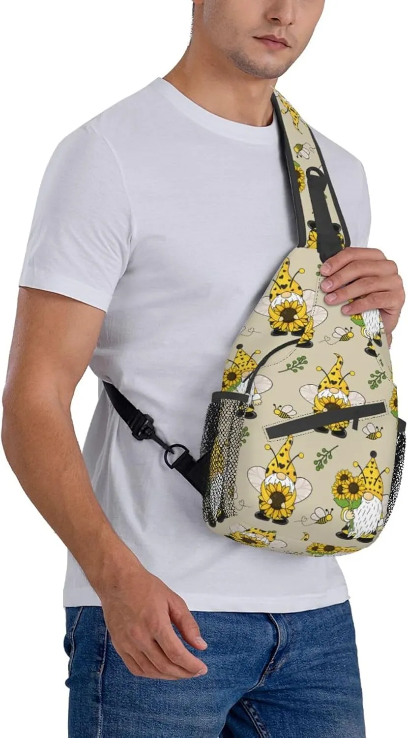 Fashion Gnomes Bees And Sunflowers Chest Crossbody Casual Sling Bags Shoulder Backpack Daypack Gym Bags For Picnics, Hiking, Beach, Gym, Cycling