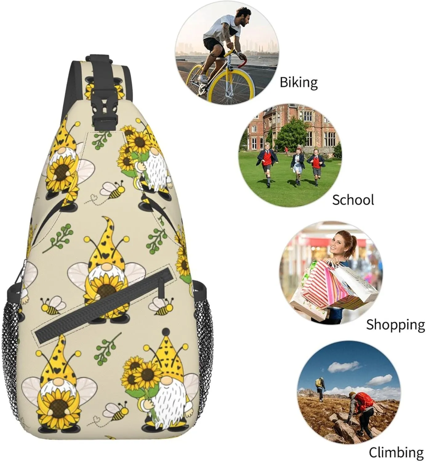 Fashion Gnomes Bees And Sunflowers Chest Crossbody Casual Sling Bags Shoulder Backpack Daypack Gym Bags For Picnics, Hiking, Beach, Gym, Cycling