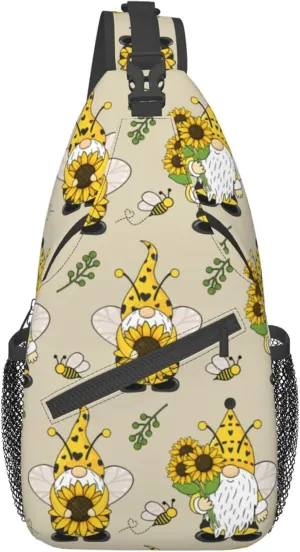 Fashion Gnomes Bees And Sunflowers Chest Crossbody Casual Sling Bags Shoulder Backpack Daypack Gym Bags For Picnics, Hiking, Beach, Gym, Cycling