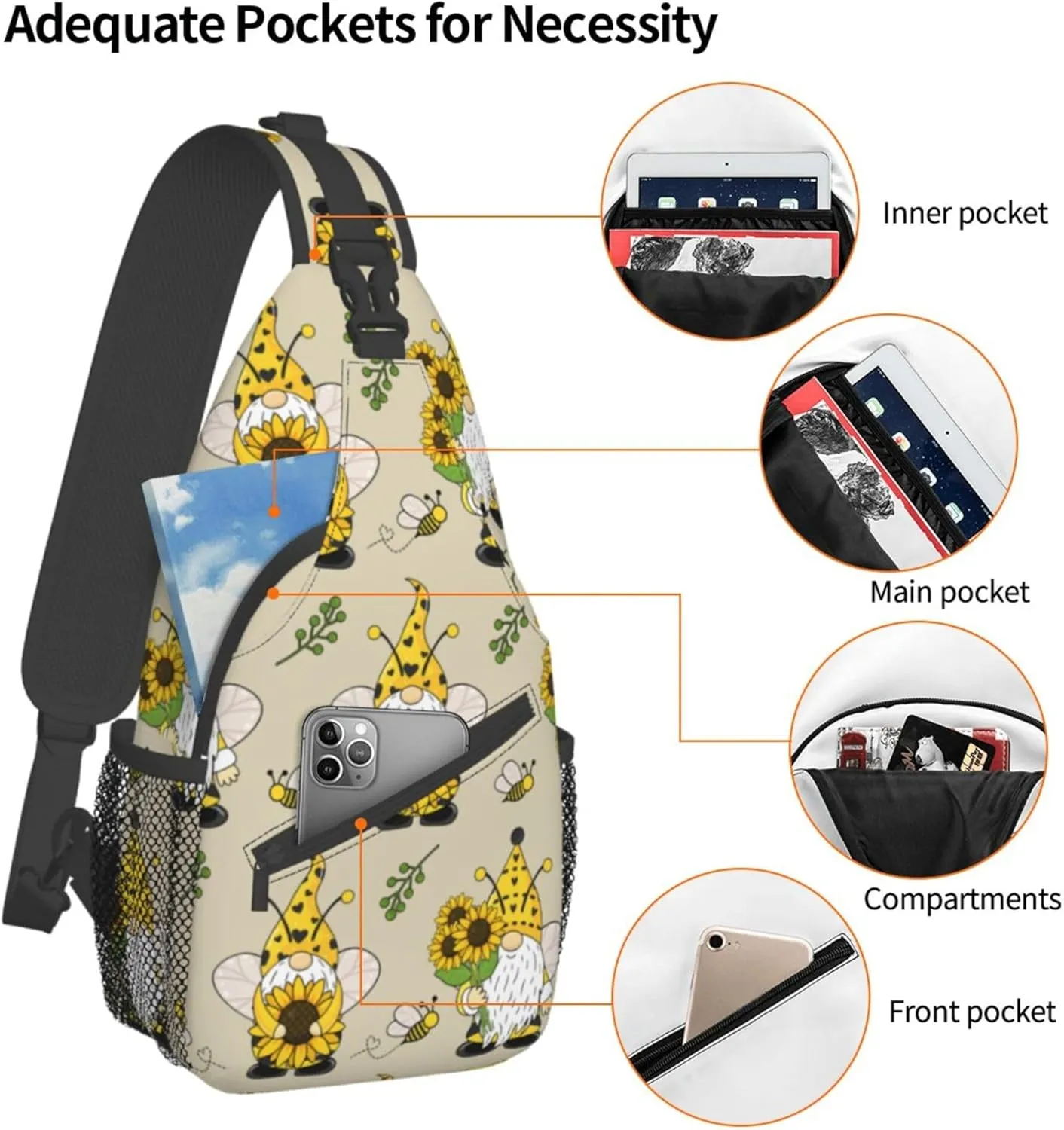 Fashion Gnomes Bees And Sunflowers Chest Crossbody Casual Sling Bags Shoulder Backpack Daypack Gym Bags For Picnics, Hiking, Beach, Gym, Cycling