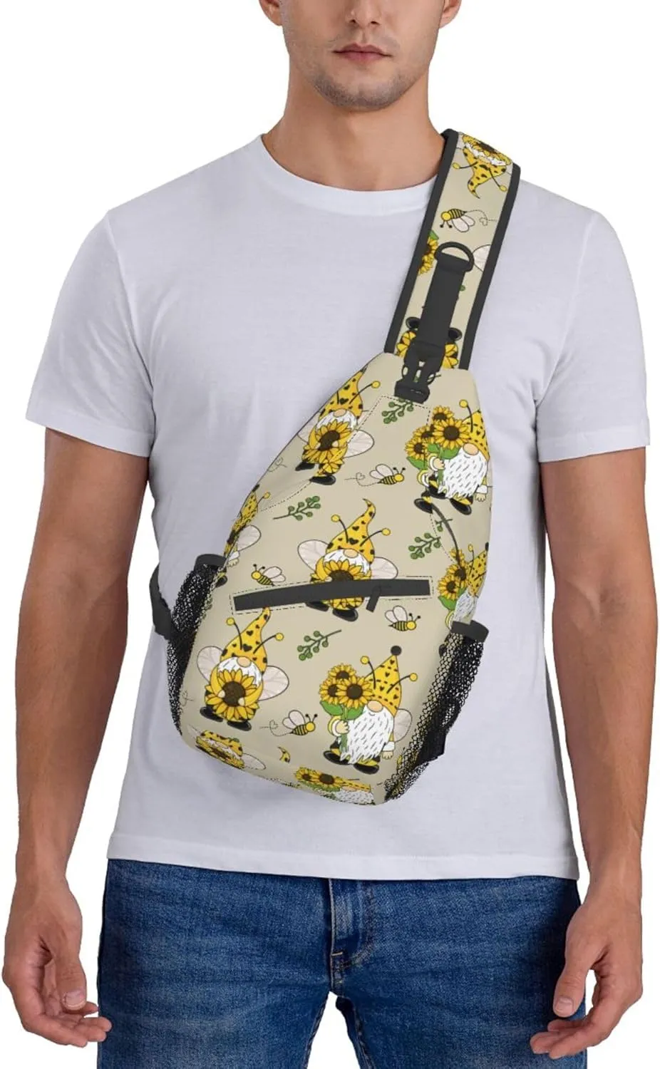 Fashion Gnomes Bees And Sunflowers Chest Crossbody Casual Sling Bags Shoulder Backpack Daypack Gym Bags For Picnics, Hiking, Beach, Gym, Cycling
