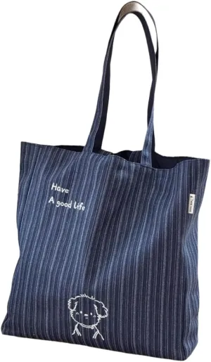 Fashion Large Canvas Women shoulder Tote Bag Striped Navy Blue with Embroidered Design Handbag 21x14x8 cm