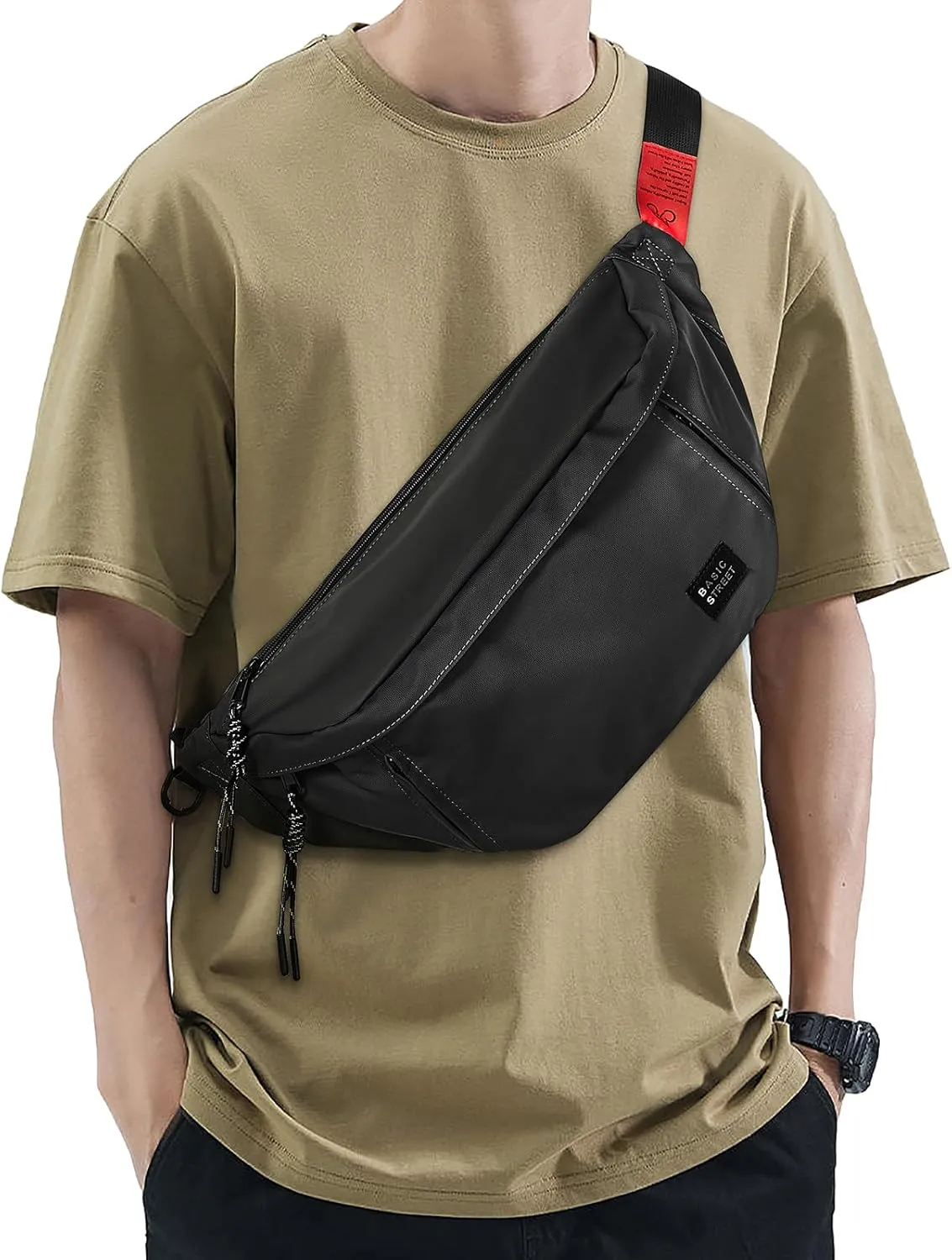 Fashion Large Crossbody Fanny Pack for Men Women,Waterproof Waist Bag fanny Packs belt bag sling bag with 5-Zipper Pockets,Carrying 7.9"phone,Black-Large