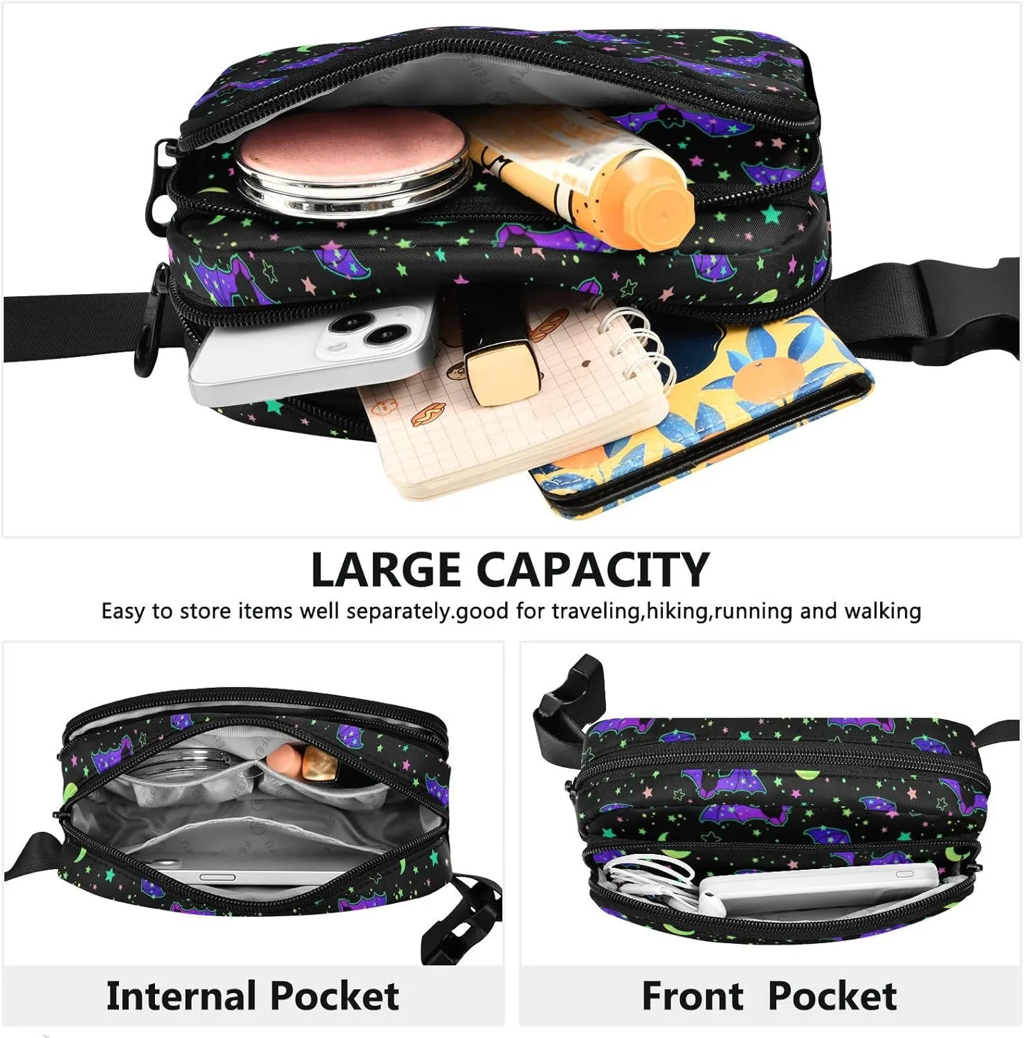 Fashion Waist Pack Crossbody Bags for Women Men with Adjustable Strap, Magic Galaxy Bat Mini Chest Bag Belt Bag for Run Travel Outdoor Cycling Hiking Skulls 219