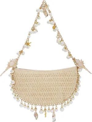 Fecialy Pearl Straw Clutch Purse for Women Woven Summer Beach Shoulder Bag Beaded Evening Bag