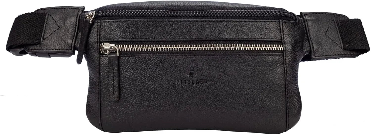 FINELAER Leather Waist Pack Zipper Pockets Adjustable Fit Stylish Design (Black Matte)