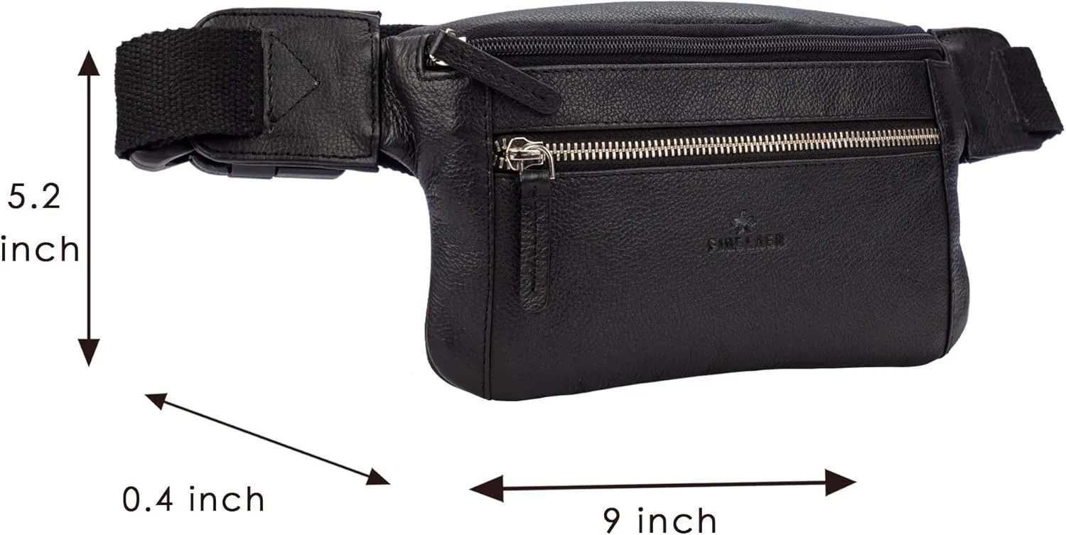 FINELAER Leather Waist Pack Zipper Pockets Adjustable Fit Stylish Design (Black Matte)