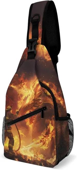 Firefighter Fighting Against Flames Dragon Fashion Chest Bag for Men Small Sling Bag Backpack Crossbody Travel Hiking Daypack
